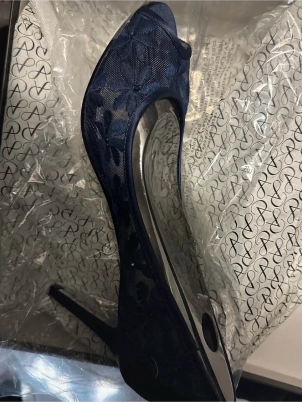 Adrianna Papell Navy Floral Lace Peep-Toe Stiletto Heels